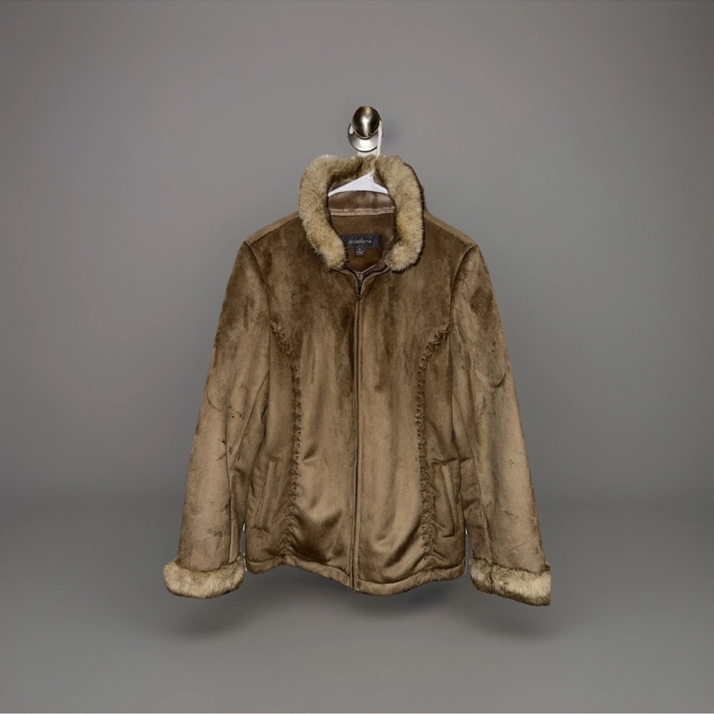 Classic Liz Clairborne Rich Brown Faux Suede Jacket Size M Faux Fur Trim